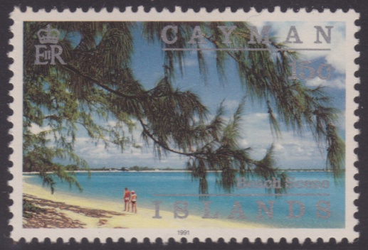 15-cent Caymanian postage stamp picturing a beach in the Cayman Islands