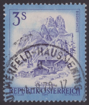 Bischofsmütze 3-schilling Austrian postage stamp picturing Bischofsmutze in Salzburg