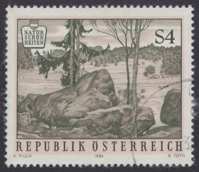 4-schilling Austrian postage stamp picturing Blockheide-Eibenstein Nature Park in Lower Austria