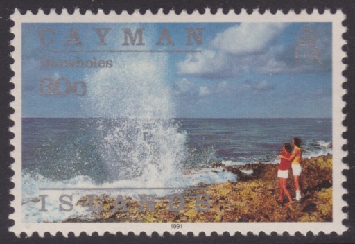 30-cent Caymanian postage stamp picturing blowholes in the Cayman Islands