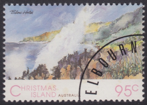 Blowholes 90-cent Christmas Island postage stamp picturing blowholes on Christmas Island