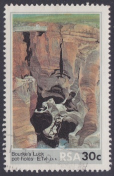 30-cent South African postage stamp picturing Bourke's Luck Potholes in Mpumalanga