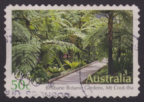 Brisbane Botanic Gardens 50-cent Australian postage stamp picturing the Brisbane Botanic Gardens in Queensland