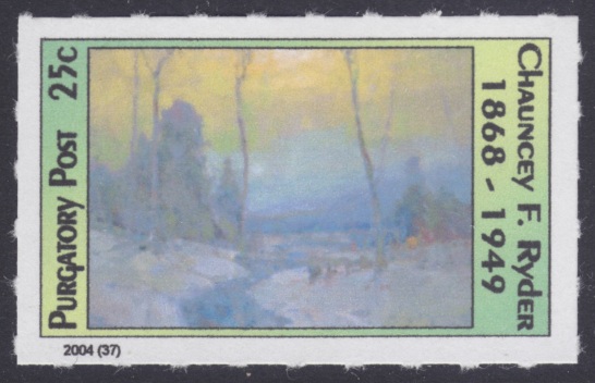 25-cent Purgatory Post local post stamp picturing a brook in New Hampshire, USA