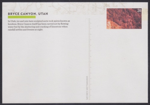 Bryce Canyon 28-cent U.S. postal card with imprinted stamp design picturing Bryce Canyon in Utah, USA