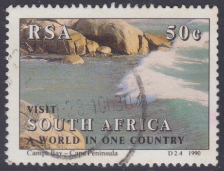 50-cent South African postage stamp picturing Camps Bay in Western Cape