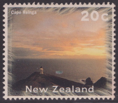 20-cent New Zealand postage stamp picturing Cape Reinga on the North Island