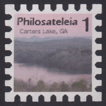 1-stamp Philosateleian Post local post stamp picturing Carters Lake in Georgia, USA