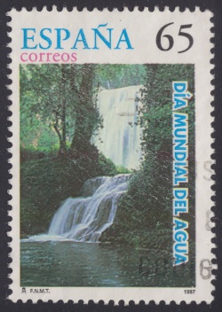 65-centimo Spanish postage stamp picturing Cascada de la Caprichosa y Bano de Diana in Aragon, Spain