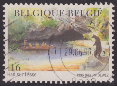 Caves of Han-sur-Lesse 16-franc Belgian postage stamp picturing Caves of Han-sur-Lesse in Namur, Belgium