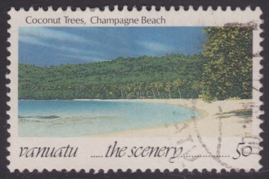 Champagne Beach 50-vatu Ni-Vanuatu postage stamp picturing Champagne Beach on Espiritu Santo