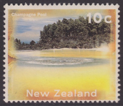 10-cent New Zealand postage stamp picturing Champagne Pool on the North Island