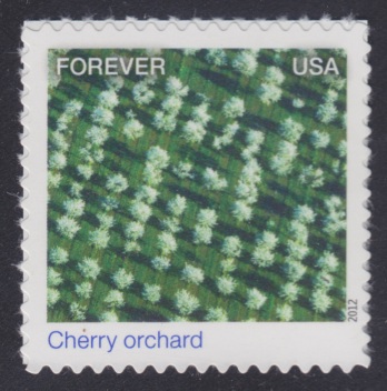 Forever U.S. postage stamp picturing a cherry orchard in Wisconsin, USA