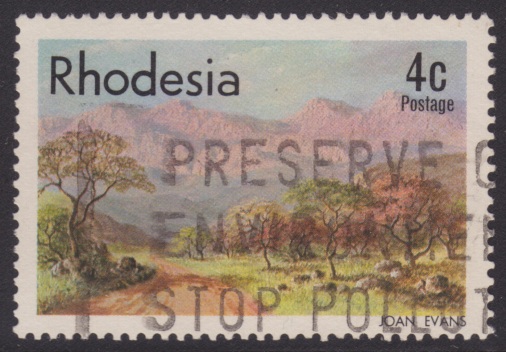 4-cent Rhodesian postage stamp picturing Chimanimani Mountains in Zimbabwe