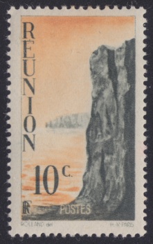 10-centime Reunion postage stamp picturing a cliff on Reunion