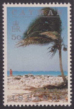 5-cent Caymanian postage stamp picturing a coconut tree in the Cayman Islands