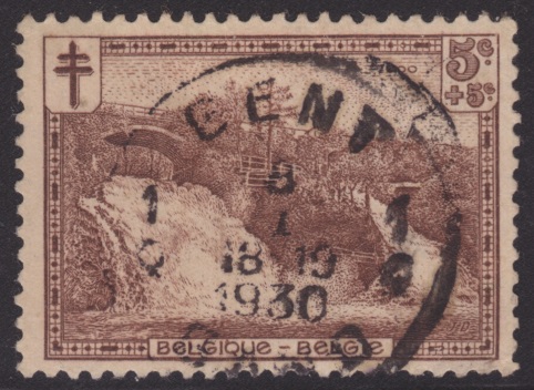 Coo Waterfall 5-centime + 5-centime Belgian postage stamp picturing Coo Waterfall in Liege, Belgium