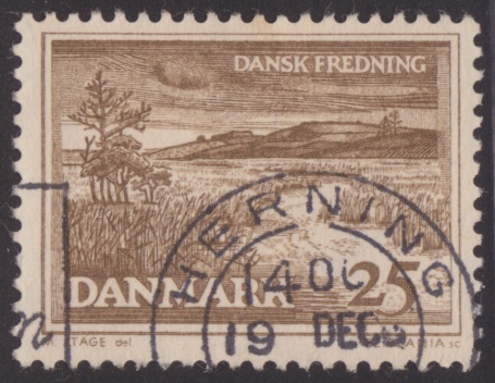 Danish Landscape 25-ore Danish postage stamp picturing a landscape in Central Denmark Region