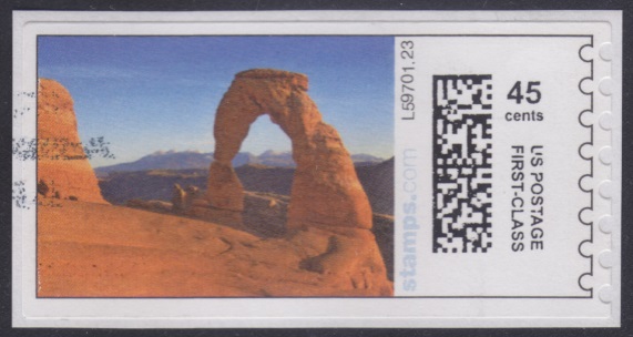 45-cent U.S. postage label picturing Delicate Arch in Utah