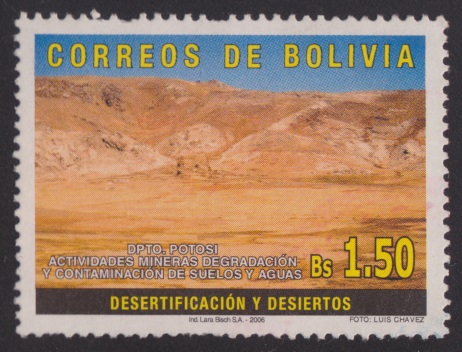 1.50-boliviano Bolivian postage stamp picturing a desert in Potosi Department, Bolivia