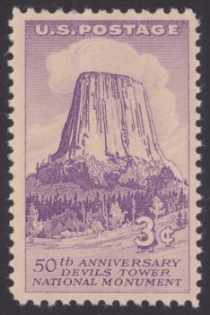 3-cent U.S. postage stamp picturing Devils Tower in Wyoming, USA