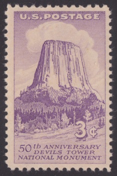 Devils Tower 3-cent U.S. postage stamp picturing Devils Tower in Wyoming, USA