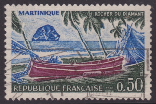 Diamond Rock 50-centime French postage stamp picturing Diamond Rock near Martinique
