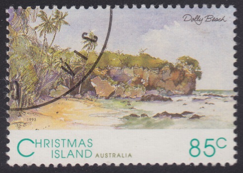 Dolly Beach 85-cent Christmas Island postage stamp picturing Dolly Beach on Christmas Island