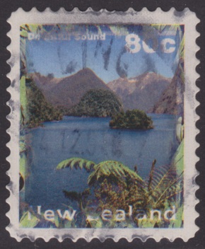 80-cent New Zealand postage stamp picturing Doubtful Sound off the South Island