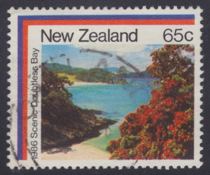 65-cent New Zealand postage stamp picturing Doubtless Bay off the North Island