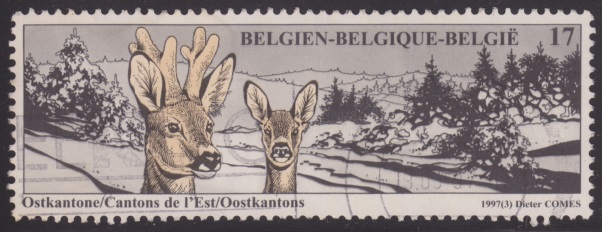 East Cantons 17-franc Belgian postage stamp picturing the East Cantons in Liege, Belgium