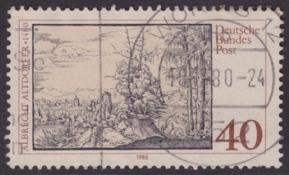 40-pfennig German postage stamp picturing fir trees