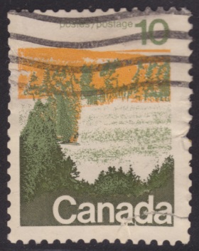 10-cent Canadian postage stamp picturing a forest in British Columbia, Canada