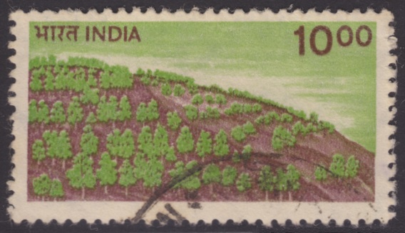 10-rupee Indian postage stamp picturing a forest