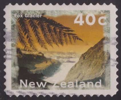 40-cent New Zealand postage stamp picturing Fox Glacier on the South Island