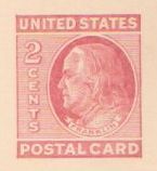 Red 2-cent U.S. postal card picturing Benjamin Franklin