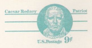 Blue green 9-cent U.S. postal card picturing Caesar Rodney