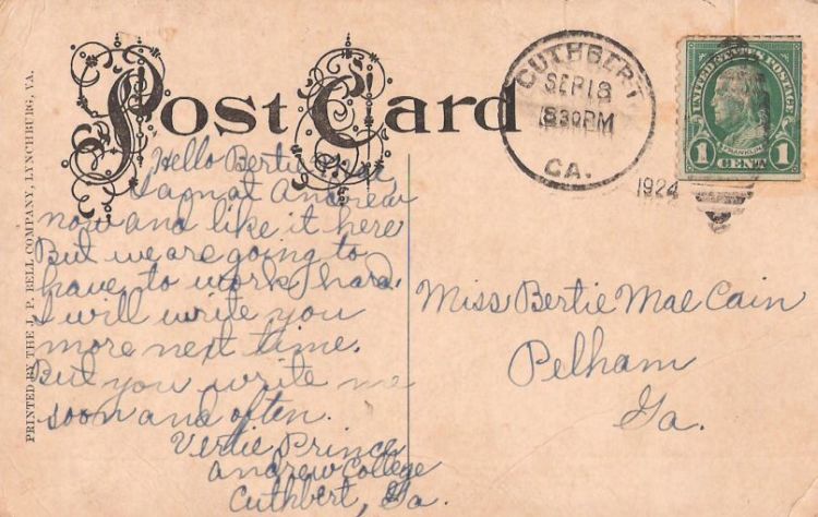 Postcard bearing Benjamin Franklin stamp