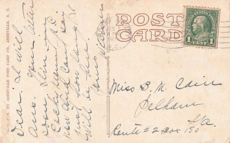 Postcard bearing Benjamin Franklin stamp