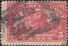 Red 5-cent U.S. postage stamp picturing train