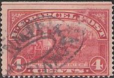 Red 4-cent U.S. postage stamp picturing rural mail carrier with mail wagon