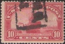 Red 10-cent U.S. postage due stamp picturing steamship and mail boat