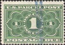 Green 1-cent U.S. postage due stamp picturing numeral '1'