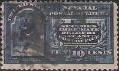 Blue 10-cent U.S. postage stamp picturing running messenger