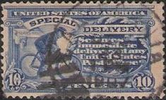 Blue 10-cent U.S. postage stamp picturing bicycle messenger