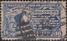 Blue 10-cent U.S. postage stamp picturing bicycle messenger