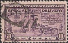 Purple 10-cent U.S. postage stamp picturing motorcycle