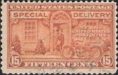 Orange 15-cent U.S. postage stamp picturing motorcycle