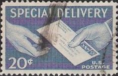 Blue 20-cent U.S. postage stamp picturing letter and hands
