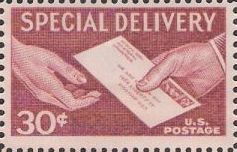 Maroon 30-cent U.S. postage stamp picturing letter and hands